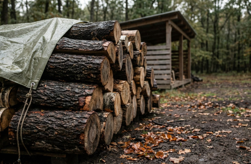 Bûches de bois de chauffage empilées, partiellement couvertes d'une bâche verte mouillée. Un abri en bois et une forêt en arrière-plan.