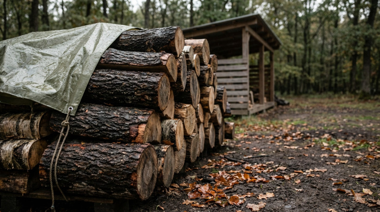 Bûches de bois de chauffage empilées, partiellement couvertes d'une bâche verte mouillée. Un abri en bois et une forêt en arrière-plan.