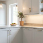 A bright, modern kitchen corner with light gray cabinets, brass handles, concrete-effect worktops, and warm under-cabinet lighting. Features a potted plant, fruit bowl, and kettle.