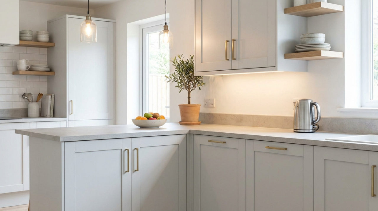 A bright, modern kitchen corner with light gray cabinets, brass handles, concrete-effect worktops, and warm under-cabinet lighting. Features a potted plant, fruit bowl, and kettle.