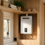 Chauffe-eau gris compact avec écran digital installé dans une alcôve en bois d'un mobil-home. Tuyaux en cuivre visibles.