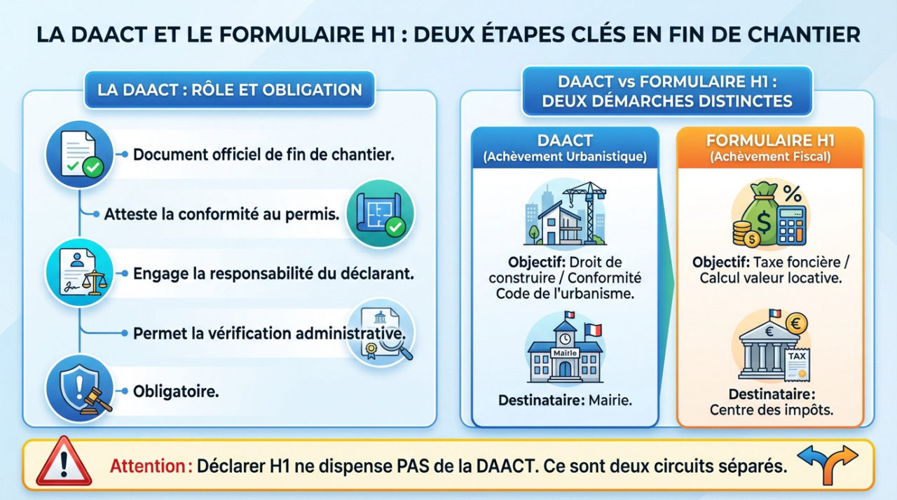 Comparaison entre la DAACT pour la mairie et le formulaire H1 pour les impôts