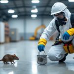 Une Personne En Tenue De Protection S'agenouille Sur Le Sol D'un Entrepôt Et Place Un Petit Piège En Fil De Fer Près D'un Rat.