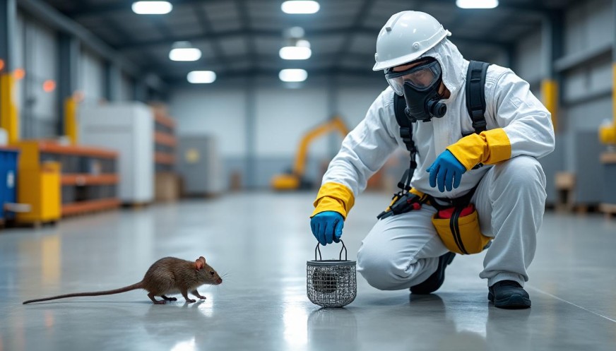 Une Personne En Tenue De Protection S'agenouille Sur Le Sol D'un Entrepôt Et Place Un Petit Piège En Fil De Fer Près D'un Rat.