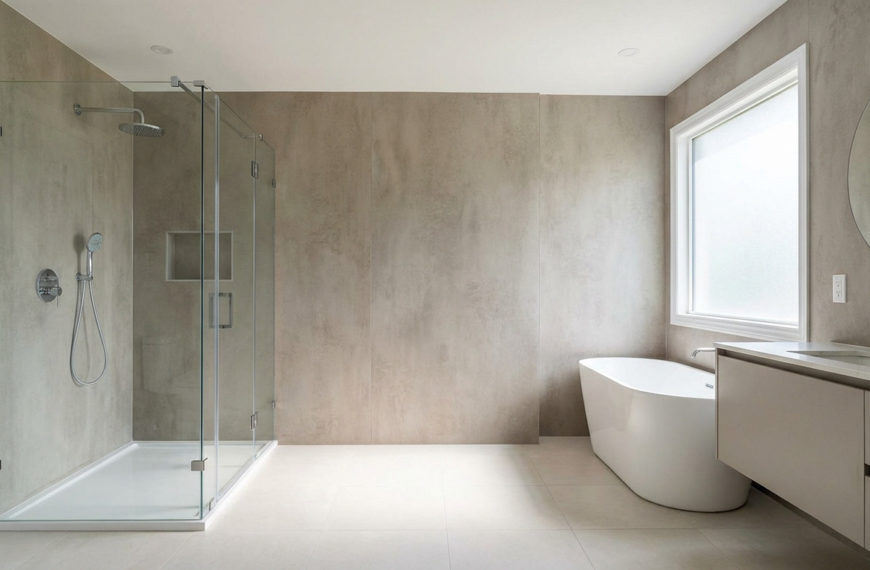 Salle de bain moderne épurée avec douche vitrée, baignoire îlot, meuble-lavabo flottant et panneaux muraux clairs.