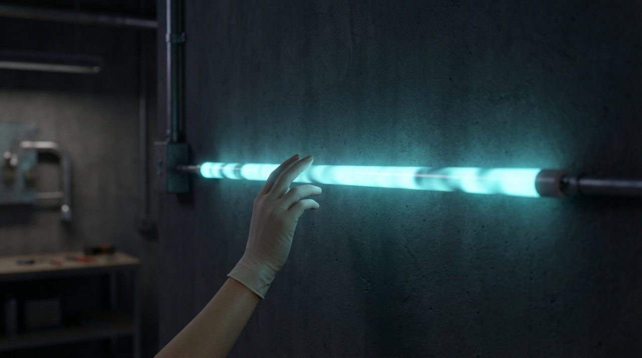 Une main gantée touche un tube néon bleu-vert vibrant ou clignotant, fixé à un mur sombre. Ambiance de laboratoire.