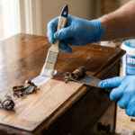 Gloved hands stripping varnish from a wooden chest, applying paste with a brush and scraping off softened layers to reveal natural wood.