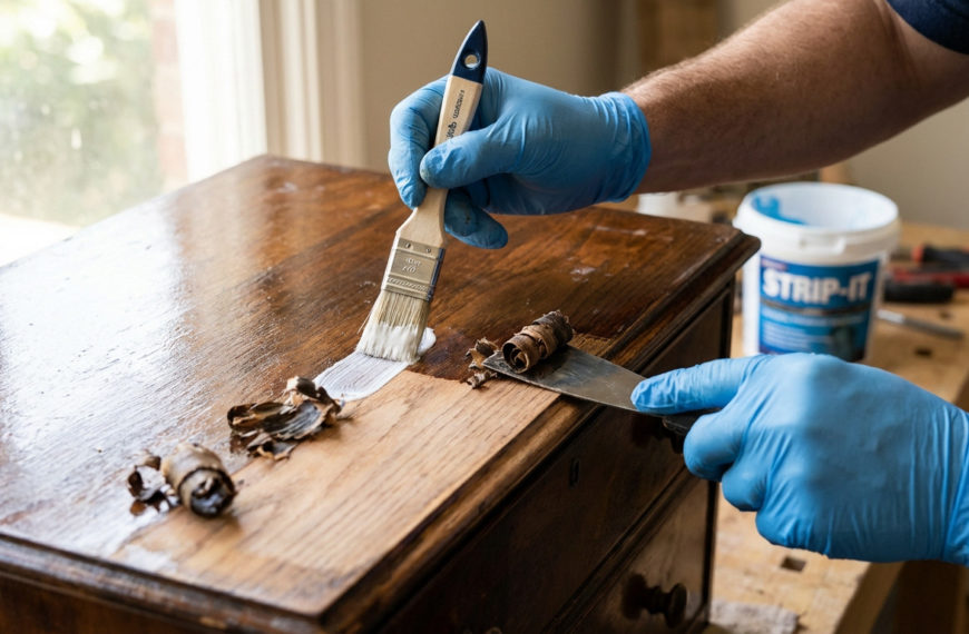 Gloved hands stripping varnish from a wooden chest, applying paste with a brush and scraping off softened layers to reveal natural wood.