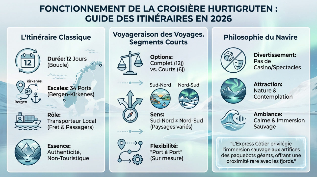 Carte de l'itinéraire classique Hurtigruten le long de la côte norvégienne entre Bergen et Kirkenes