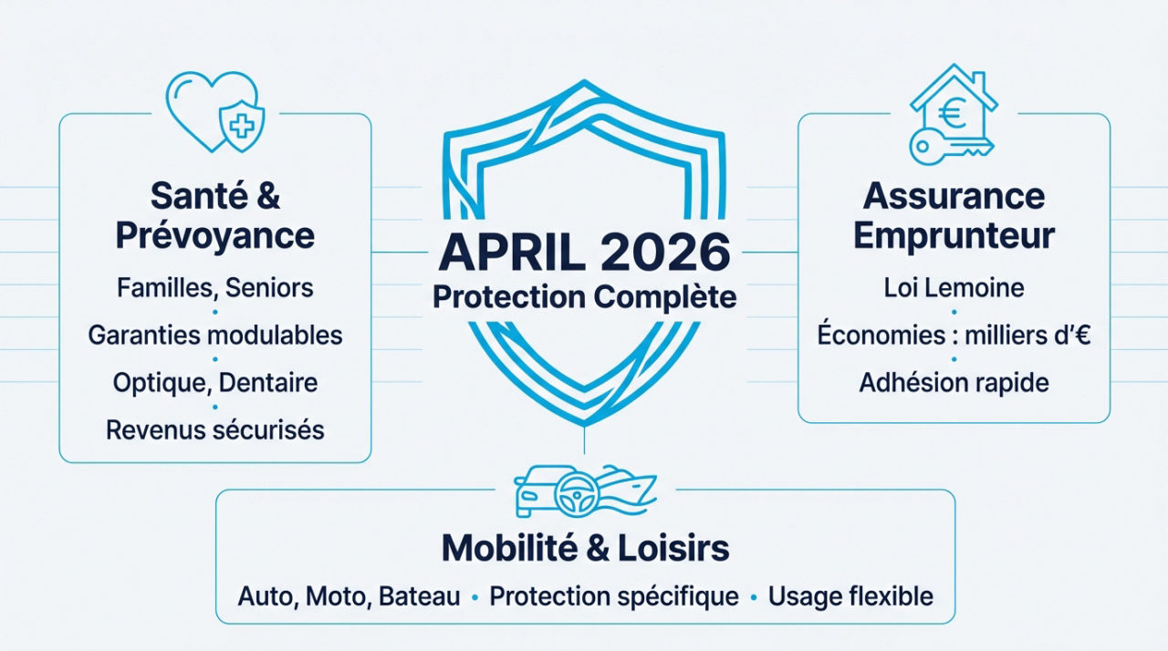 Infographie des solutions April Assurance pour la santé, l'emprunteur et la mobilité en 2026