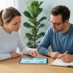 Two individuals thoughtfully review data on a tablet. Woman points, man takes notes at a modern wooden table with blurred plant background.