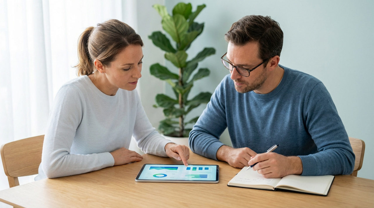 Two individuals thoughtfully review data on a tablet. Woman points, man takes notes at a modern wooden table with blurred plant background.