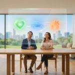 Un couple devant un écran numérique translucide avec des icônes de cœur, voiture, maison. Scène de planification d'assurance moderne.