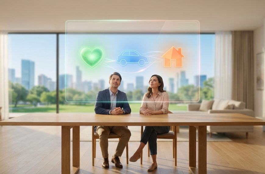 Un couple devant un écran numérique translucide avec des icônes de cœur, voiture, maison. Scène de planification d'assurance moderne.