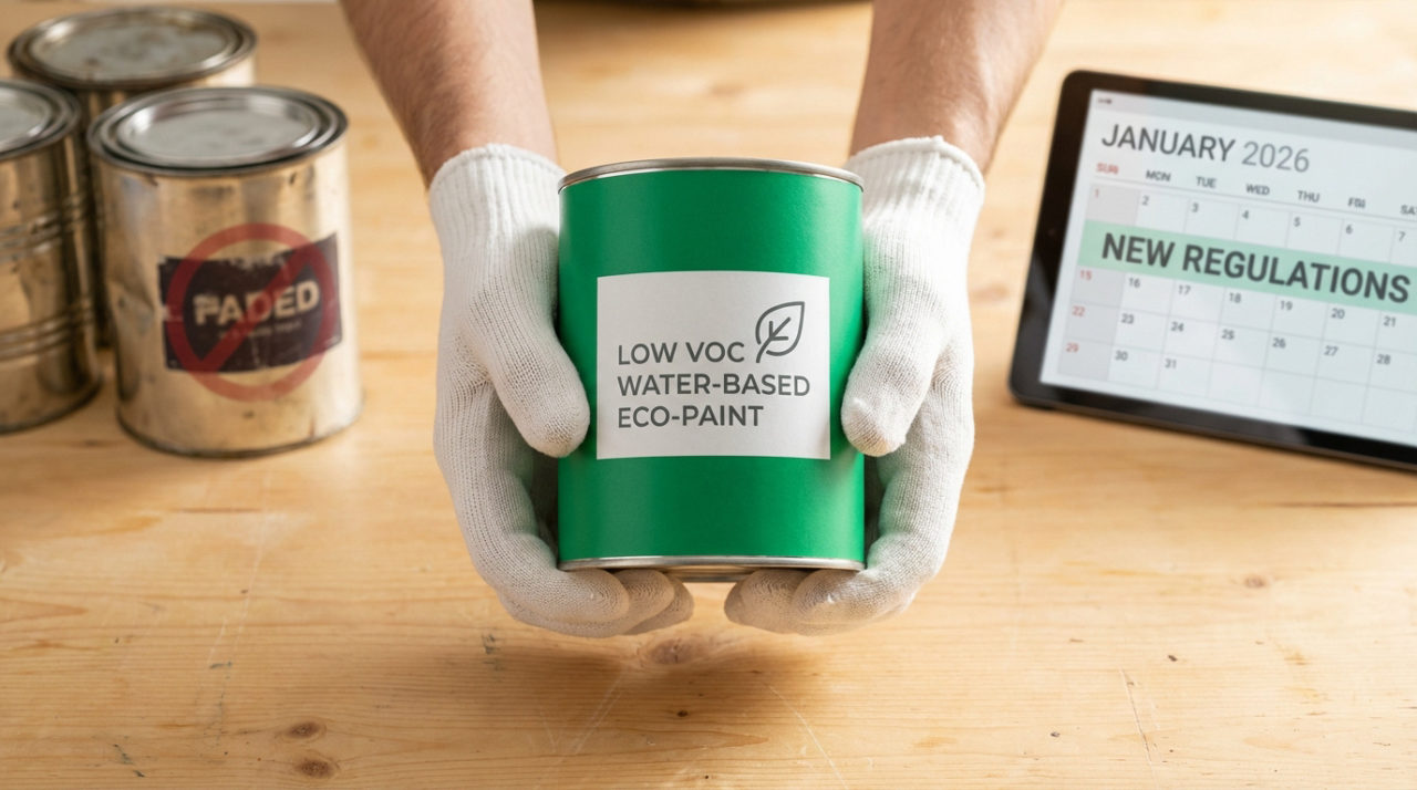 Mains gantées tenant une peinture écologique bas COV, près de pots de peinture ancienne et d'une tablette affichant « JANVIER 2026 NOUVELLES RÉGLEMENTATIONS ».