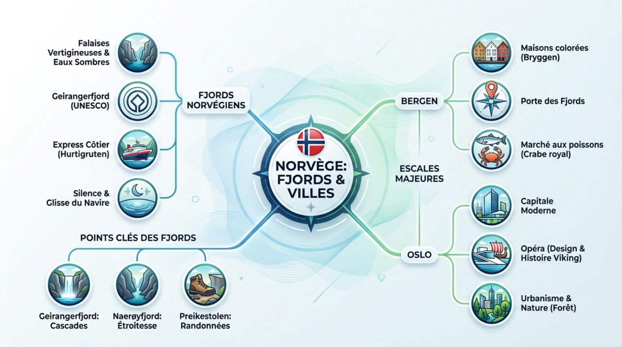 Maisons colorées de Bergen et paysages des fjords norvégiens