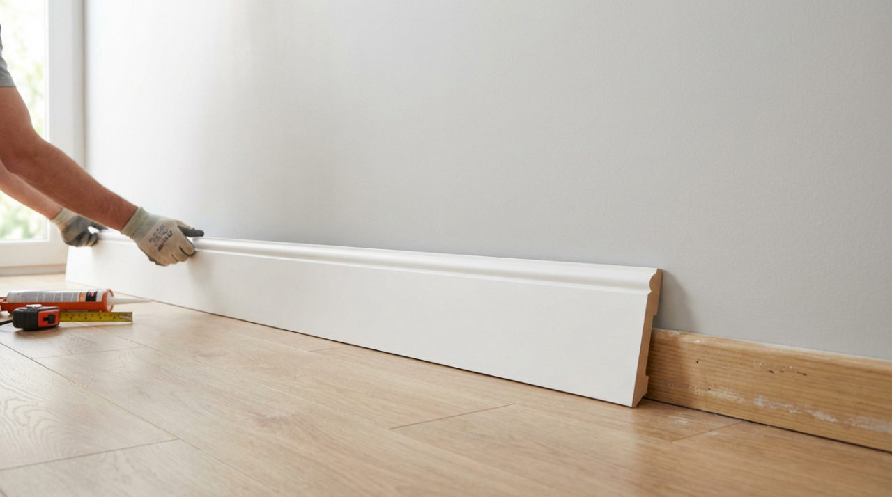 Mains gantées posant une surplinthe blanche profilée sur une ancienne plinthe en bois, avec outils de rénovation.