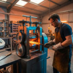 A skilled artisan feeds glowing hot metal into a modern rolling mill in a professional forge workshop. Dramatic lighting highlights the process.