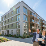 Deux personnes devant une copropriété moderne avec panneaux solaires, discutant de rénovation énergétique sous un ciel bleu.