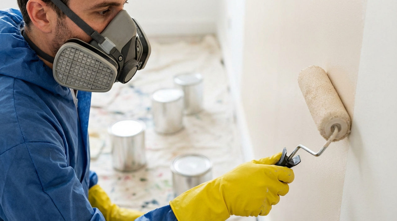 Person wearing a respirator mask and yellow gloves carefully paints a wall with a roller. Blurred paint cans are visible in the background.