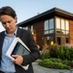 Person reviewing legal forms on a tablet, standing before a modern house with large windows and lush garden in golden hour.