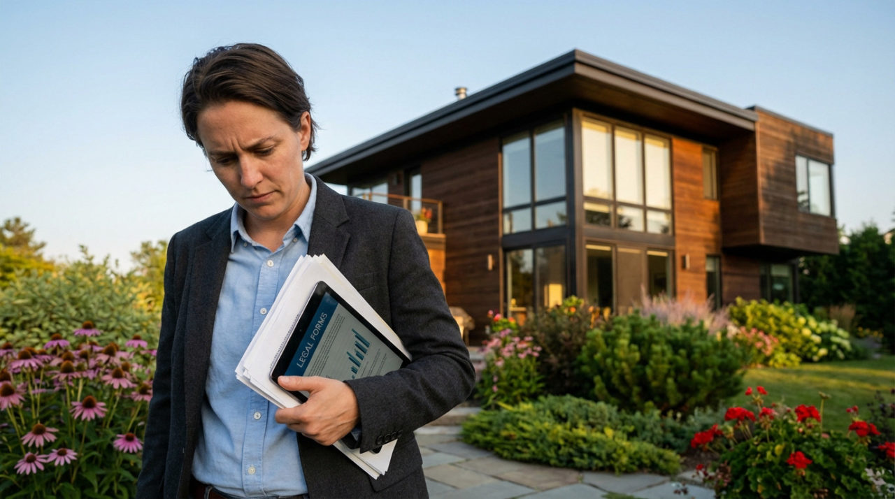 Person reviewing legal forms on a tablet, standing before a modern house with large windows and lush garden in golden hour.