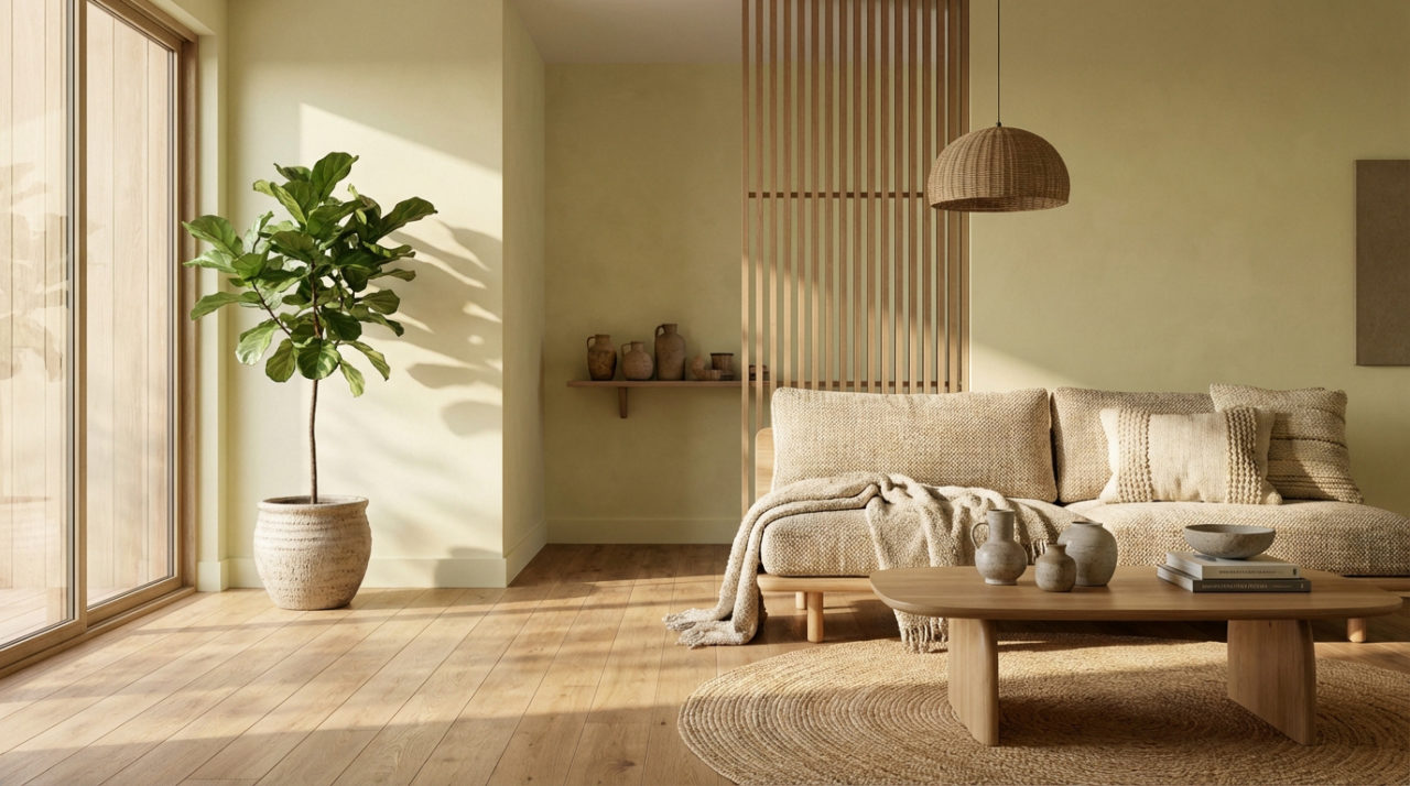 Salon lumineux aux tons neutres avec canapé en lin, table basse en bois, plante verte et décoration naturelle. Ambiance zen.