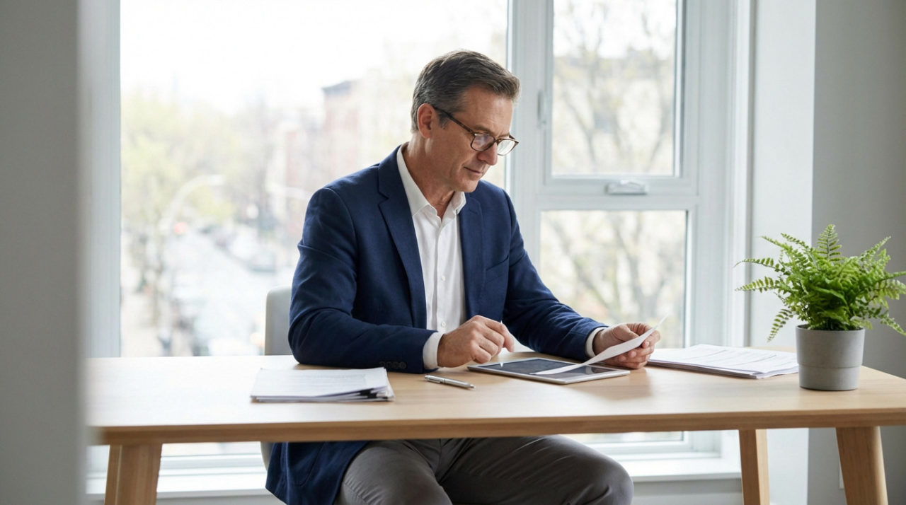 Mature man in business attire at a desk with tablet and papers, bathed in daylight from a window overlooking a cityscape.