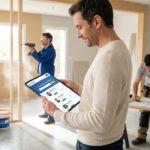 Un homme consulte une application sur tablette pour trouver des artisans qualifiés, tandis que deux ouvriers rénovent un intérieur.
