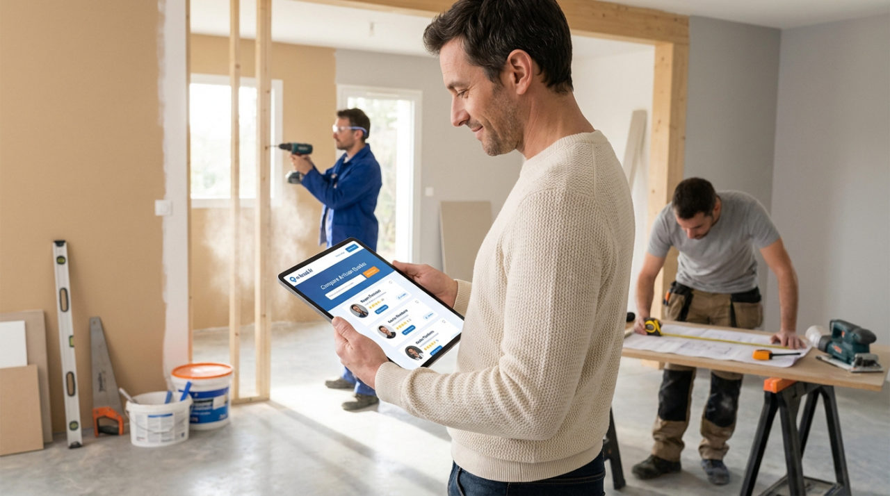 Un homme consulte une application sur tablette pour trouver des artisans qualifiés, tandis que deux ouvriers rénovent un intérieur.