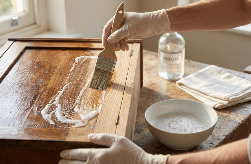 Gros plan sur des mains gantées appliquant une solution moussante avec un pinceau sur un meuble en bois vernis pour le décaper.