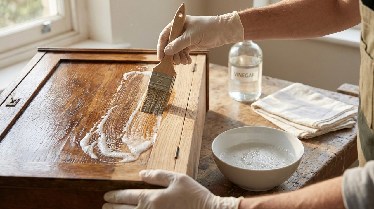 Gros plan sur des mains gantées appliquant une solution moussante avec un pinceau sur un meuble en bois vernis pour le décaper.