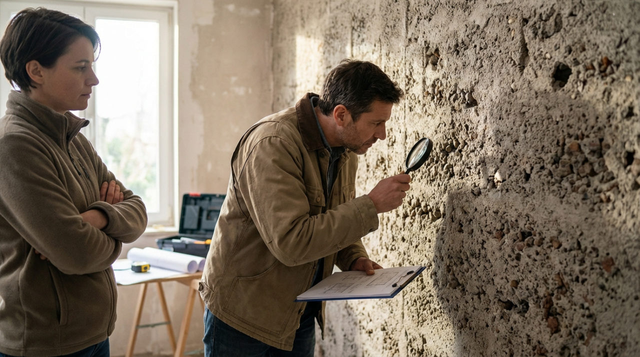 Un expert immobilier examine un mur en mâchefer à la loupe, documentant ses observations. Une femme l'accompagne.