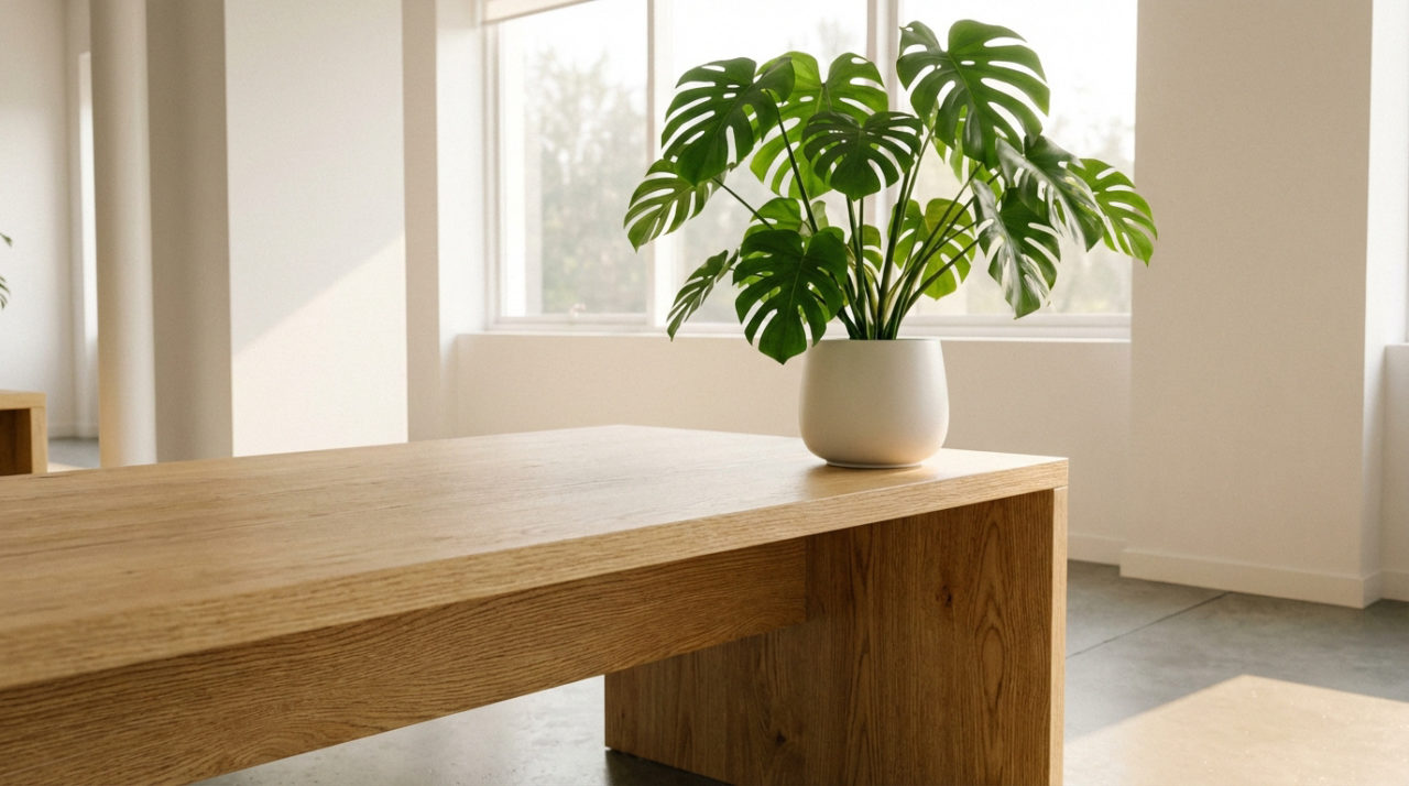 Plante Monstera verte en pot blanc sur une longue table en bois clair dans une pièce moderne et lumineuse avec fenêtres.