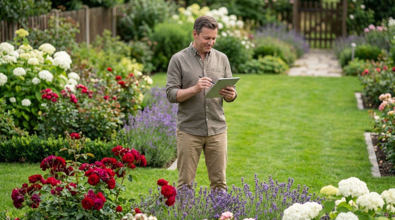 Un jardinier évalue un projet de jardin avec une tablette numérique, entouré de roses, lavande et hortensias.
