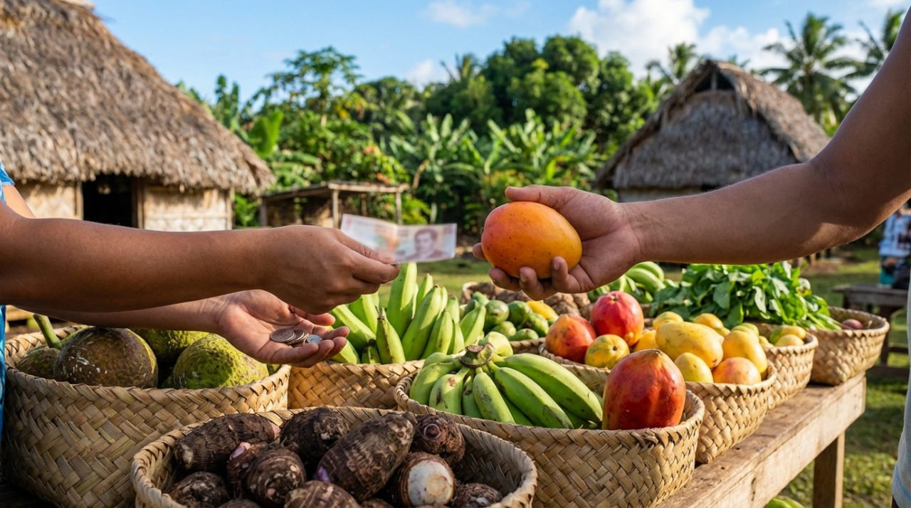 Mains échangeant une mangue et de l'argent à un marché tropical. Paniers de fruits exotiques et racines. Maisons traditionnelles et verdure.
