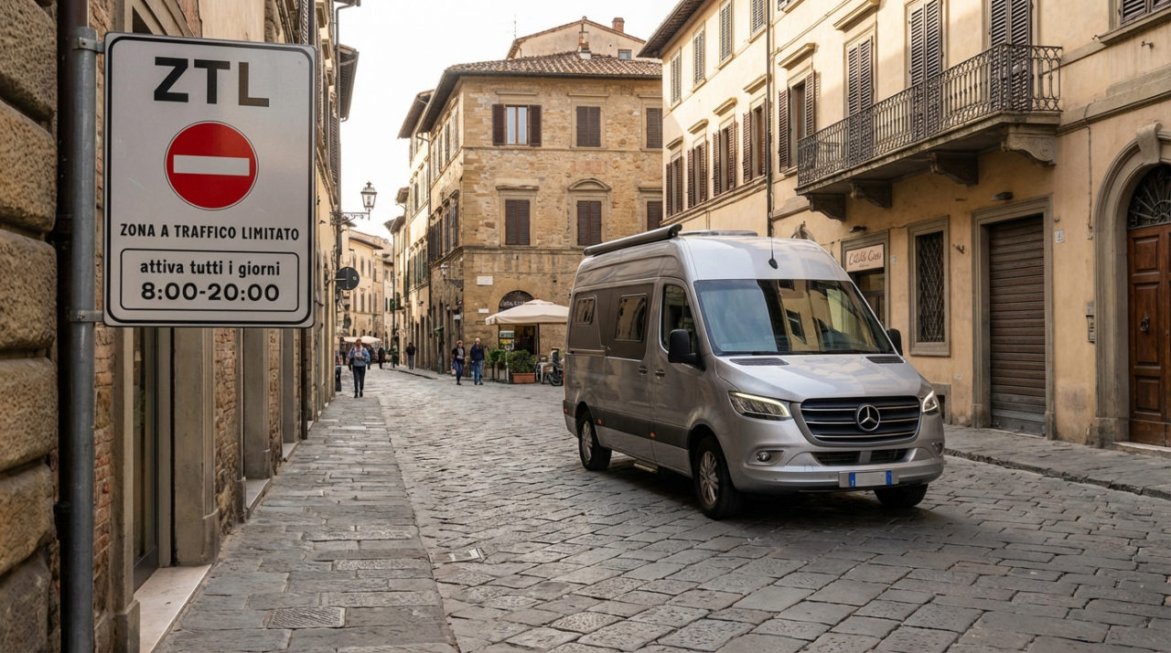 Camping-car argenté sur rue pavée d'une ville historique italienne, avec un panneau ZTL indiquant des restrictions horaires.